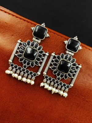 Antique Indian Ethnic Monalisa Stone Dangler Earring Silver Oxidised Pearl Beads Drop Pakistani Earring Set