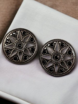 Beautiful Stone Work Round Designer Stud Earring Silver Oxidised Ethnic Tops Earring Set