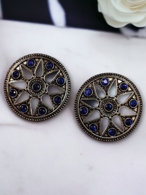 Beautiful Stone Work Round Designer Stud Earring Silver Oxidised Ethnic Tops Earring Set