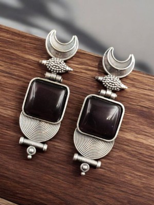 Stunning Half Moon Designer Silver Oxidized Earring Drop Dangler Monalisa Stone Earrings for Women