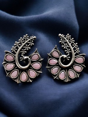 Exquisite Peacock Designer Silver Oxidised Stud Earrings Indo Western Handmade Stonework Jewellery