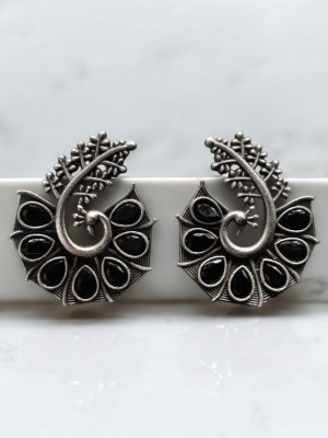 Exquisite Peacock Designer Silver Oxidised Stud Earrings Indo Western Handmade Stonework Jewellery