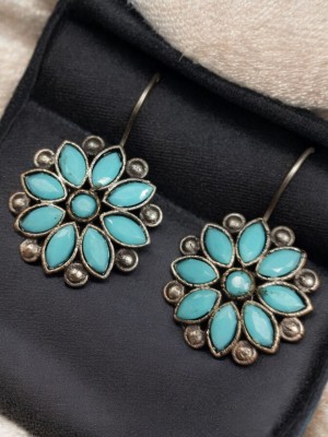 Beautiful Flower Silver Oxidized Earring Hook Drop Ethnic Indian Stonework Earrings for Daily Wear