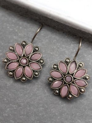 Beautiful Flower Silver Oxidized Earring Hook Drop Ethnic Indian Stonework Earrings for Daily Wear