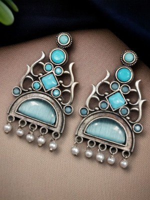 Stunning Bollywood Style Ethnic Earrings Dangler Silver Oxidised Stonework Pakistani Earring Set