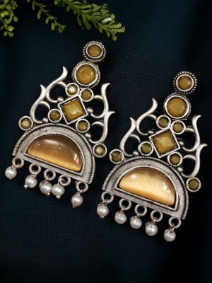 Stunning Bollywood Style Ethnic Earrings Dangler Silver Oxidised Stonework Pakistani Earring Set