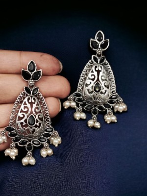 Fashionable Ethnic Earrings Dangler Silver Oxidised Stonework Pearl Beads Drop Earring Set for Girls