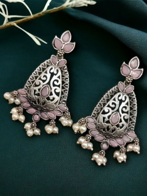 Fashionable Ethnic Earrings Dangler Silver Oxidised Stonework Pearl Beads Drop Earring Set for Girls