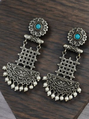 Antique Silver Oxidized Brass Earring Dangler Long Bohochic Tribal Earrings Designer Pearl Beads Drop 