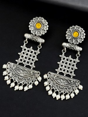 Antique Silver Oxidized Brass Earring Dangler Long Bohochic Tribal Earrings Designer Pearl Beads Drop 