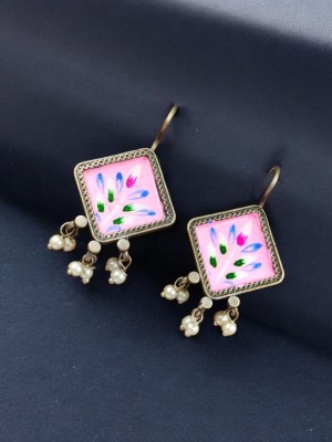 Classic Handmade Art Floral Hand Painted Hook Earring Pearl Beads Drop Indian Oxidized Earring