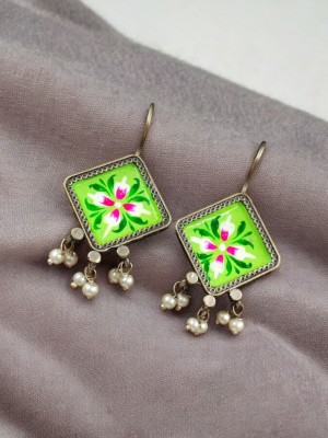 Classic Handmade Art Floral Hand Painted Hook Earring Pearl Beads Drop Indian Oxidized Earring