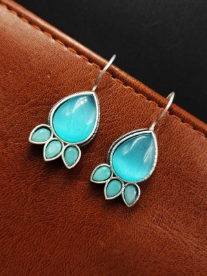 Traditional Almond Shaped Monalisa Stone Earring Silver Oxidised Drop Hook Earrings for Casual Wear