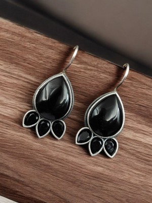 Traditional Almond Shaped Monalisa Stone Earring Silver Oxidised Drop Hook Earrings for Casual Wear