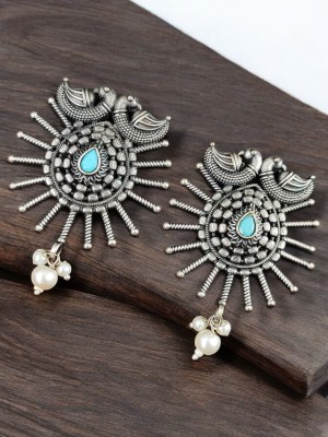 Exquisite Rustic Birds Silver Oxidized Designer Stud Earring Set with Pearl Beads Drop for Women