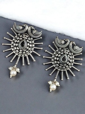 Exquisite Rustic Birds Silver Oxidized Designer Stud Earring Set with Pearl Beads Drop for Women