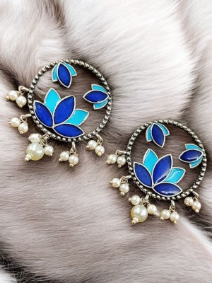 Stylish Silver Replica Oxidized Brass Designer Handpainted Stud Earring Set with Pearl Beads Drop