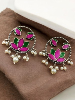 Stylish Silver Replica Oxidized Brass Designer Handpainted Stud Earring Set with Pearl Beads Drop