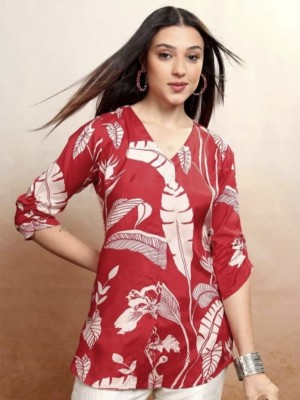 Red Leaves Print Short Kurti Tunic Top for Women Star Flower Floral Print