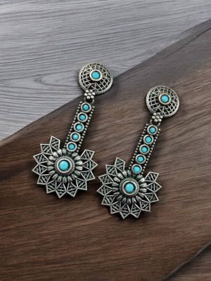 Stunning Rustic Silver Oxidized Designer Dangler Earring Hancrafted Stonework Boho Earrings Set