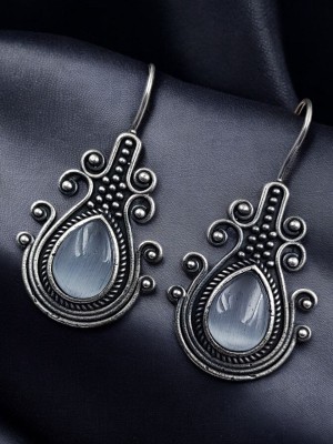 Gorgeous Casual Wear Monalisa Stone Drop Hook Earring Rustic Silver Oxidized Earring Set for Girls