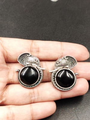 Antique Indian Royal Elephant Monalisa Stone Stud Tops Earring Rustic Silver Oxidized Earring Set