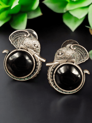 Antique Indian Royal Elephant Monalisa Stone Stud Tops Earring Rustic Silver Oxidized Earring Set