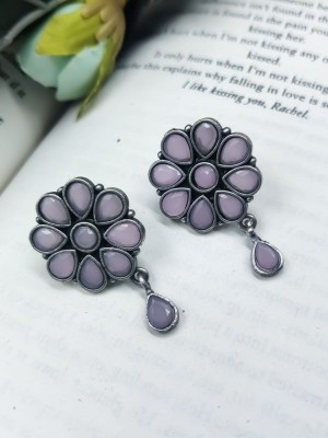 Unique Handmade Stonework Flower Designer Silver Oxidized Stud Tops Earring Set for Girls