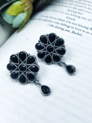 Unique Handmade Stonework Flower Designer Silver Oxidized Stud Tops Earring Set for Girls