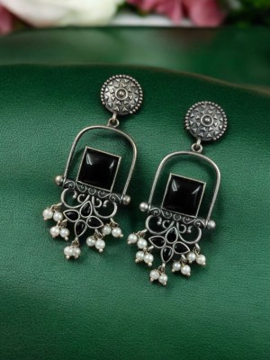 Bohemian Indian Rustic Silver Oxidized Dangler Earring Set Ethnic Monalisa Stone Earrings for Women