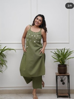 Green Western Style Spaghetti Kurti Pant Set Partywear Cotton Modern Salwar Kameez Strap Dress