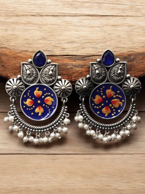 Stunning Indian Artisans Hand Painted Silver Plated Boho Chandelier Earring Pearl Beads Drop