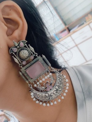 Ethnic Silver Stonework Bohemian Chandelier Earring Gypsy Afghani Chandbali Pearl Beads Drop