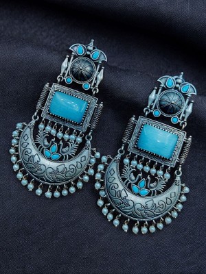 Ethnic Silver Stonework Bohemian Chandelier Earring Gypsy Afghani Chandbali Pearl Beads Drop