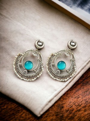 Traditional Handmade Pakistani Chandbali Earring Silver Boho Stonework Earrings Pearl Beads Drop