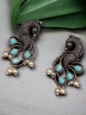 Ethnic Indian Peacock Designer Silver Oxidized Rustic Stonework Stud Earring with Pearl Beads Drop