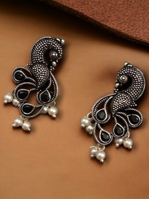 Ethnic Indian Peacock Designer Silver Oxidized Rustic Stonework Stud Earring with Pearl Beads Drop
