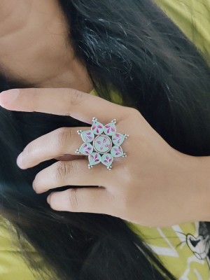 Unique Traditional Flower Designer Silver Oxidized Hand Painted Adjustable Free Size Finger Ring for Girls