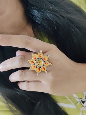 Unique Traditional Flower Designer Silver Oxidized Hand Painted Adjustable Free Size Finger Ring for Girls