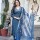 Blue Color Printed Indian Muslin Straight Salwar Kameez Kurti Pant Set for Women